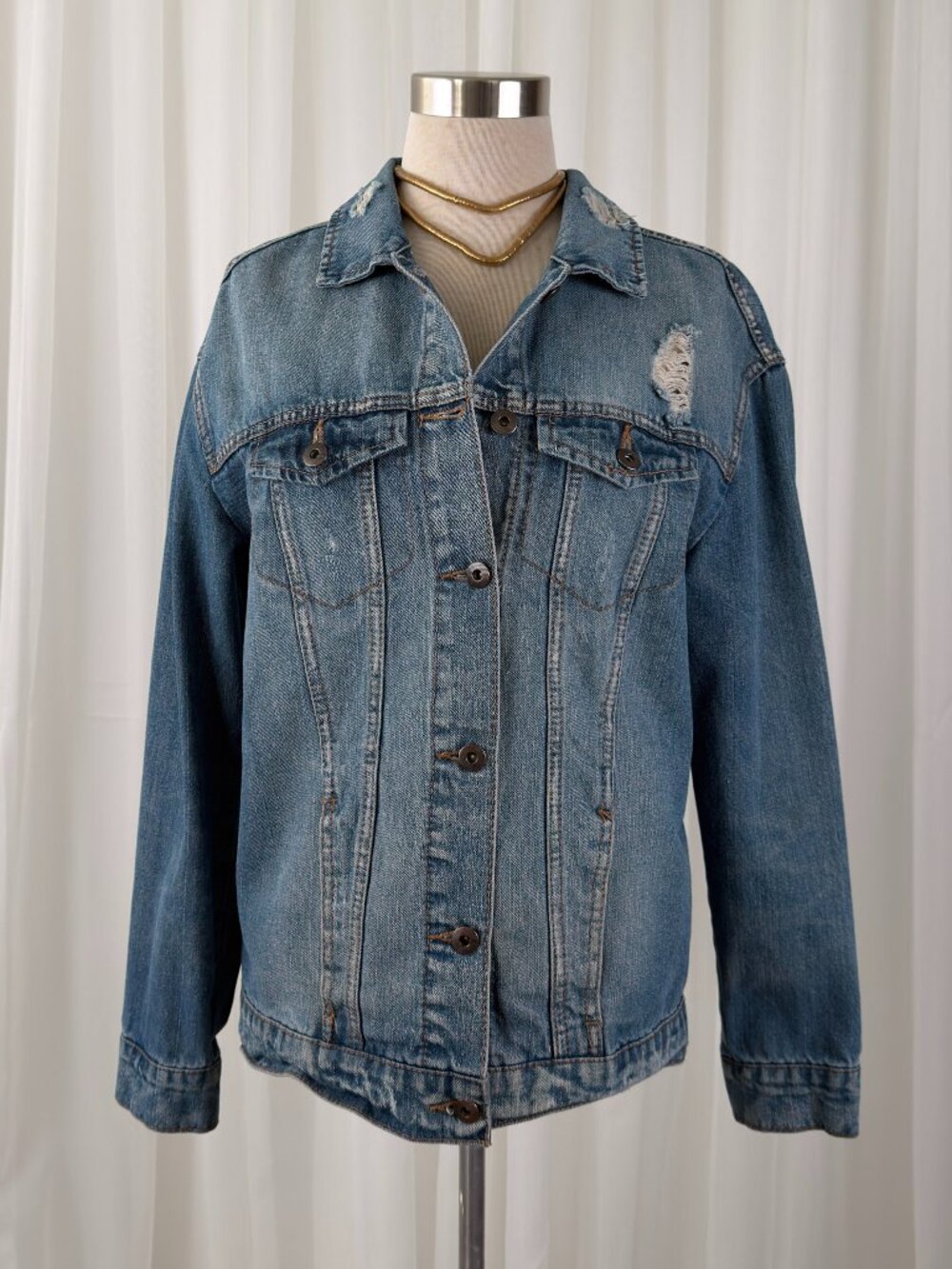 Distressed Denim Trucker Jacket Oversized Grunge Light Wash‎ Blue Womens Size S